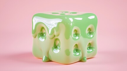 A smooth green cube with a glossy finish resting on a light coral background, casting soft reflections in a contemporary setting