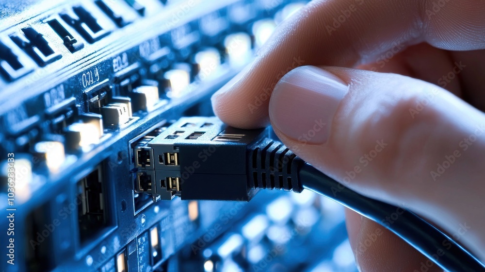 Aufkleber Close-up of a Hand Connecting an Ethernet Cable to a Network Device