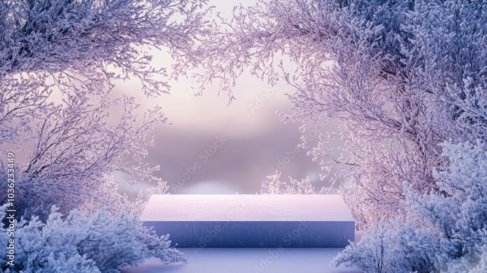 Aufkleber a tranquil winter setting showcases a platform nestled between frosted trees. the soft morning light