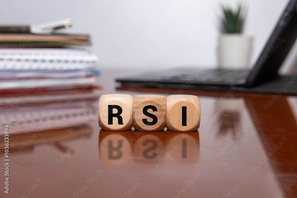 Poster text rsi - relative strength index - written on wooden cubes on yellow background.