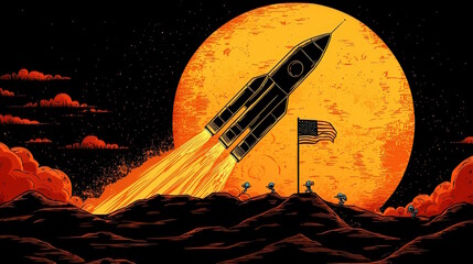 A whimsical rocket lands on the moon, showcasing tiny alien creatures and a proudly planted flag against a vibrant backdrop