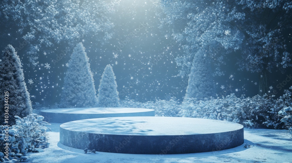 Leinwandbilder two circular platforms covered in snow are positioned in the middle of a snowy forest. the snow fall