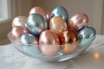 Obraz premium Elegant metallic easter eggs in glass bowl on marble tabletop