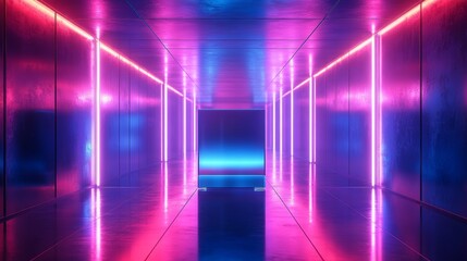 Chrome cube gently suspended above a glassy reflective floor, hall of mirrors glowing with blue and violet holographic light, clean futuristic design