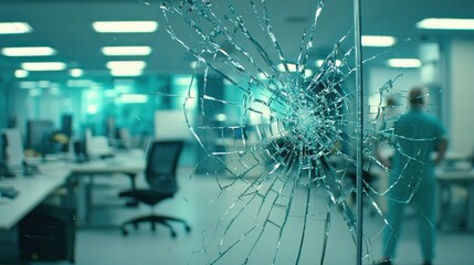A shattered glass window looking into an office with a person in the background