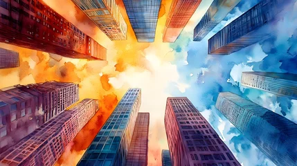 Tall reflective skyscrapers towering against the sky, their foundations brought to life by vivid street art, capturing city culture through fluid watercolor techniques