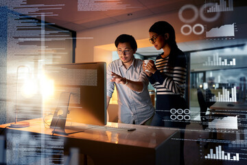 Programmer, office and dashboard overlay at night with staff and database developer team with software development. Planning, conversation and web statistics with it people and coding strategy