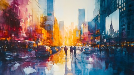 The golden sunlight hits sleek skyscrapers as street art flourishes below, creating a fusion of urban life and creativity in watercolor strokes