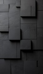 Abstract black textured wall with varying rectangular shapes and layers.