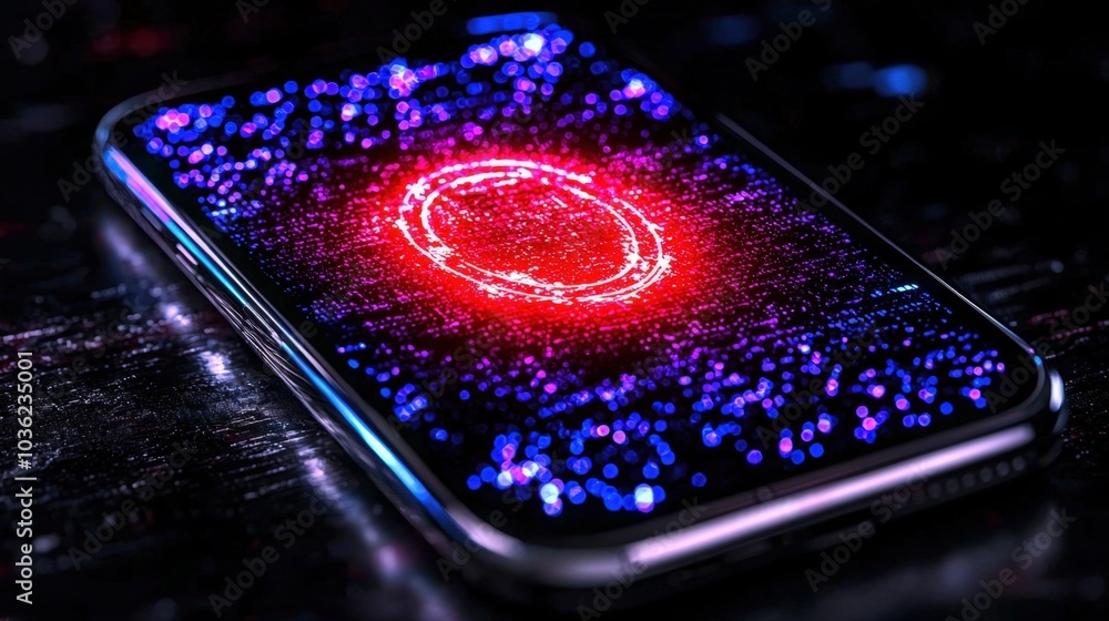 Poster identity theft alert displaying compromised personal information on a mobile device screen in a dark