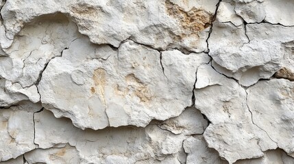 Fototapeta premium The surface features large, irregularly shaped white stones that are cracked and weathered, showcasing a textured pattern of natural erosion.