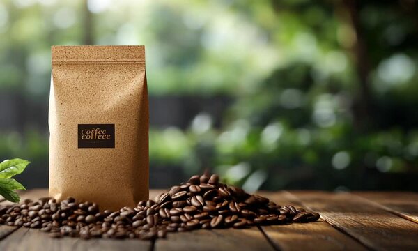 A bag of coffee sits beside scattered beans on a wooden surface, set in a natural background.