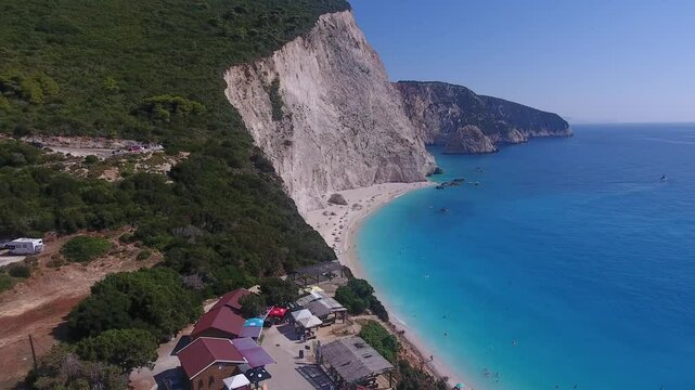 Porto Katsiki beach in Lefkada island. Aerial panoramic view of Porto Katsiki beach in Lefkada island, Greece