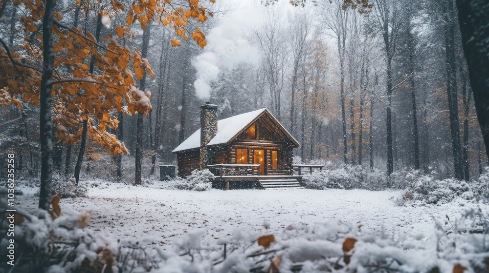 Poster A charming log cabin sits nestled in a winter wonderland, with snow gently falling on the surrounding trees and warm light glowing from the windows. The tranquil setting creates a serene atmosphere.