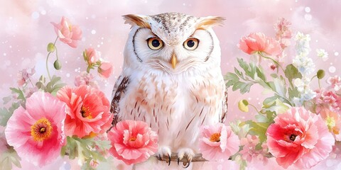 Fototapeta premium An owl with wide eyes perched on a branch surrounded by vibrant red poppies and lush green ferns in a soft watercolor style