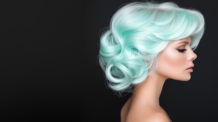 Fototapeta premium Bright electric blue messy waves on undercut hairstyle viewed from the right side against a matte black background