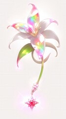 A delicate crystal bluebell with translucent petals on a misty white background, showcasing art nouveau style elegance in floral design