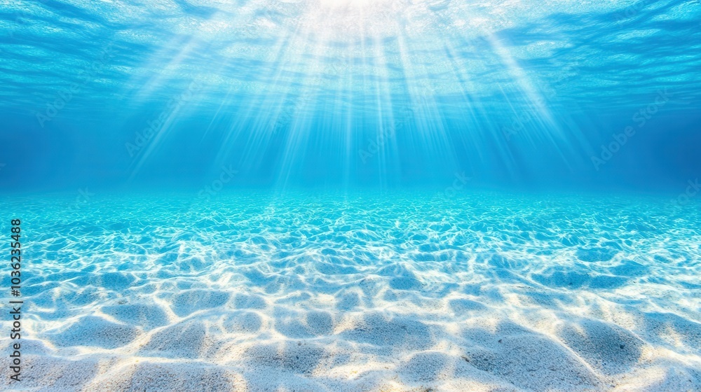 Poster underwater view of crystal-clear ocean waves with sunlight creating patterns on the sandy sea floor