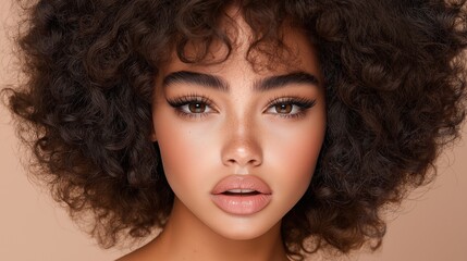 Fototapeta premium Close-up portrait of a woman with bold eyebrows and prominent nose, showcasing her halo of thick, curly hair in soft lighting