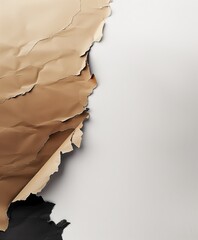 An abstract composition featuring layered torn paper in shades of beige, brown, and black against a white background. It showcases contrasting textures and organic edges.