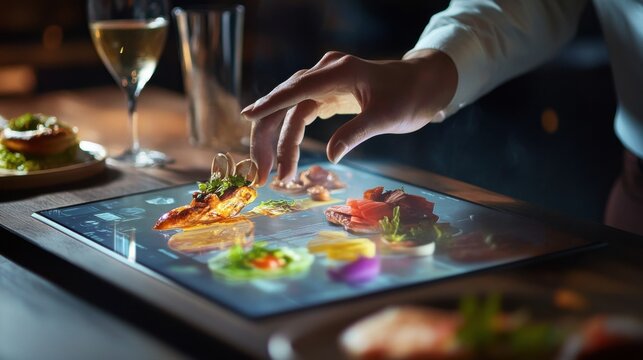 A foodie exploring a digital menu on a restaurant's touchscreen table to customize and order meals, Modern lifestyle scene, Interactive dining style