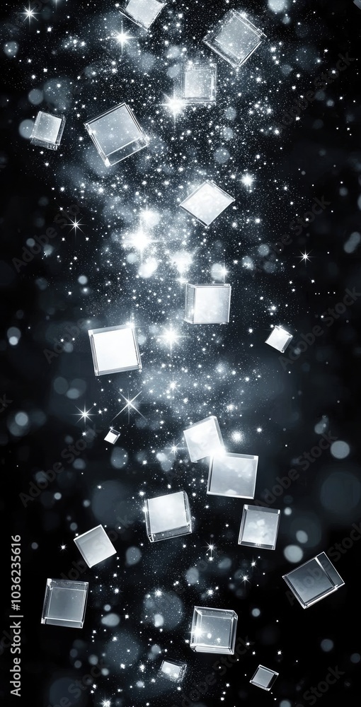 Poster a mesmerizing display of shimmering squares and sparkling particles against a dark backdrop.