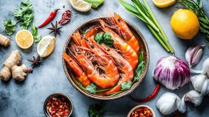 Fresh Shrimp with Colorful Ingredients on Table
