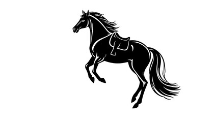 Obraz premium A black silhouette of a horse in mid-gallop with a saddle.