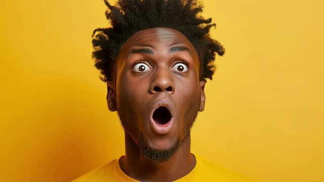 A young dark-skinned man with a surprised face and open mouth on a yellow background. High quality 4k footage