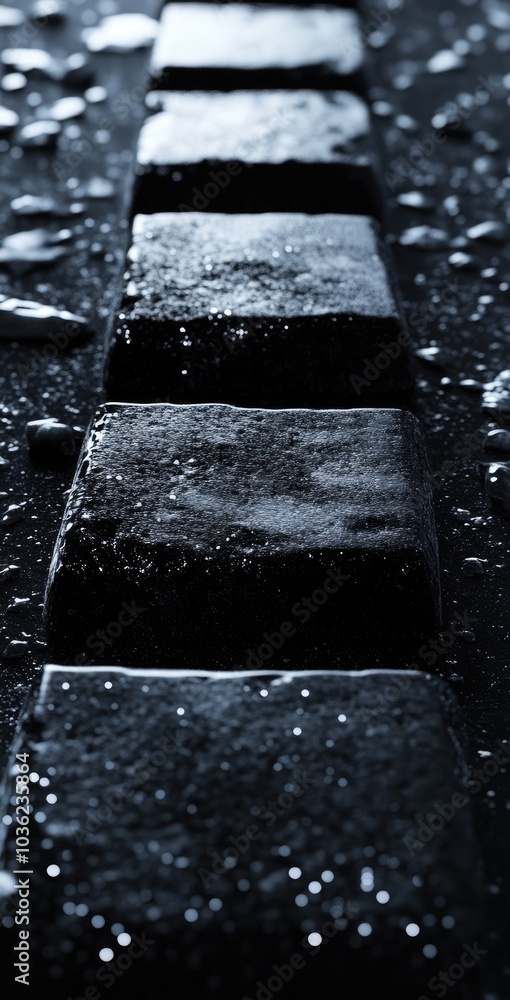 Poster a close-up view of wet stones arranged in a path, reflecting light in a dark setting.