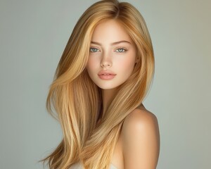 Fototapeta premium A stunning young woman with long, flowing blonde hair and captivating blue eyes, exuding natural beauty and elegance in a soft, serene portrait.