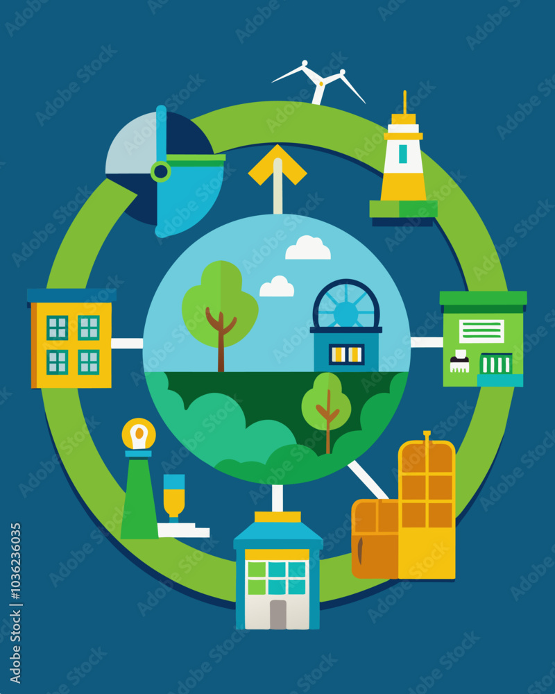 Poster an illustration of the circular economy model with examples of how different industries can apply su