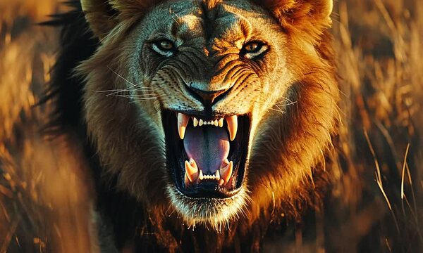 A fierce lion roaring in a sunset-lit savannah, showcasing its power and majesty.