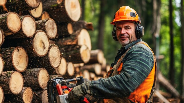 A forestry worker in a hard hat and safety gear, operating a chainsaw with stacks of logs and dense forest behind, Forestry operation scene