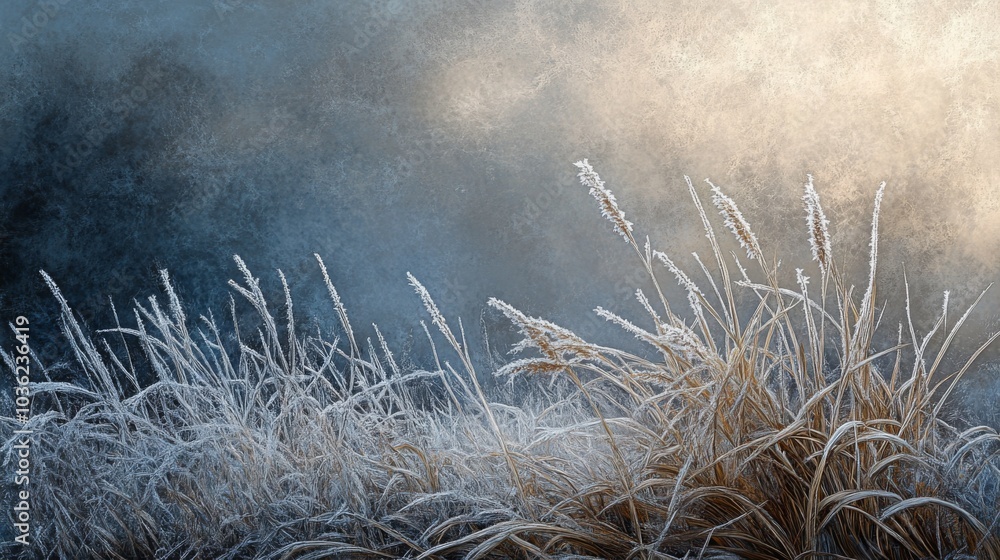 Poster delicate frost blankets the grass as it sways softly in the morning breeze. the serene atmosphere is