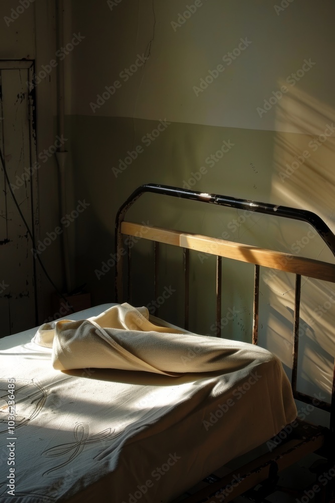 Poster sunlight streams through a window onto a neatly made bed with a blanket. concept of simplicity and c