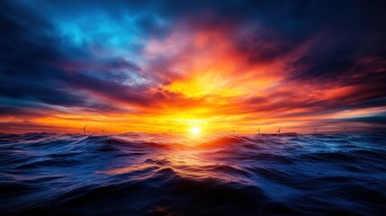 Fototapeta premium Wind farm under vibrant sunset sky at sea