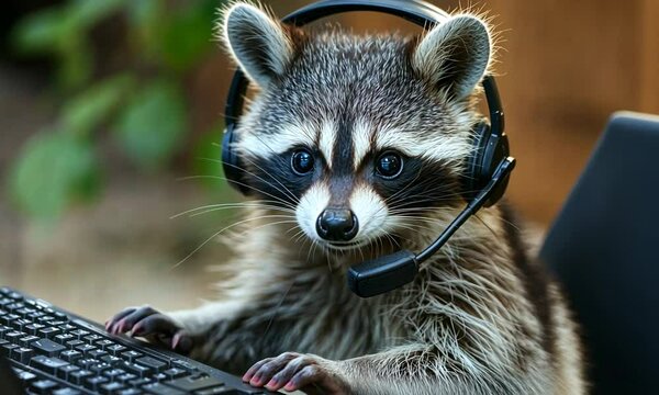 A raccoon wearing a headset is playfully typing on a keyboard, suggesting a tech-savvy vibe.