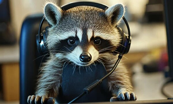 A raccoon wearing headphones, sitting at a desk, suggesting a playful or tech-savvy theme.