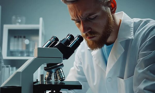 A scientist examines a sample under a microscope in a laboratory setting.