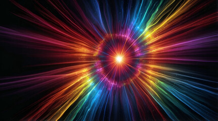 Brilliant Neon Rainbow Burst Of Colorful Light Rays Radiating From A Bright Central Core Creating A Dynamic And Energetic Abstract Design