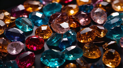 Close-Up Of Vibrant Multicolored Gemstones With Faceted Surfaces Reflecting Light Creating A Sparkling And Luxurious Jewel Tone Display