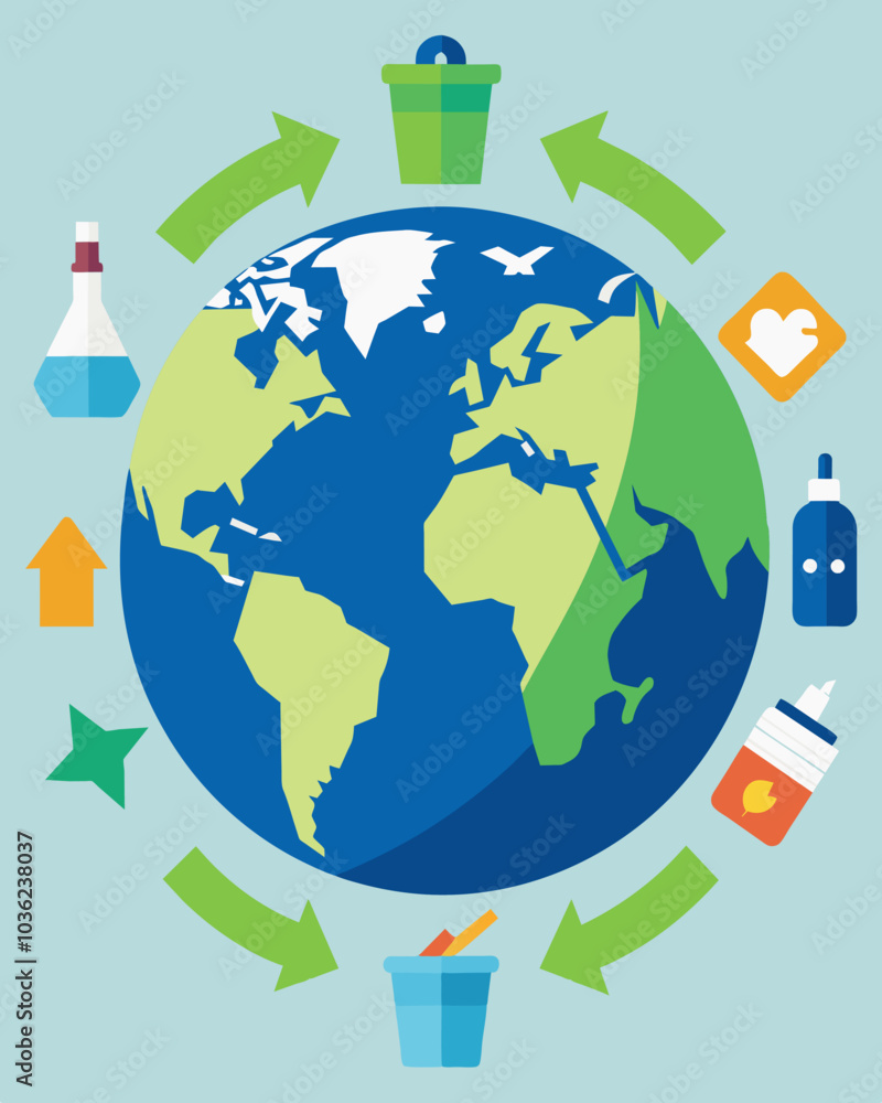 Poster an illustration of the earth surrounded by various types of waste with arrows pointing towards diffe