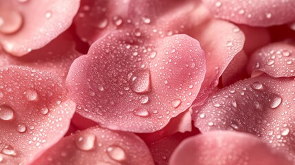Obraz premium Detailed image of soft, velvety pink rose petals, with perfectly formed dew drops reflecting the ambient light