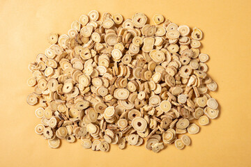 top view herb BeiQi or Huang Qi or Radix Astragali or Astragalus Root at horizontal