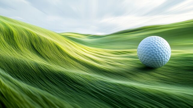 Double exposure of a golf ball mid-flight, merging with a vibrant fairway, pin in the distance. Blurred motion effect in the sky, vibrant greens contrast