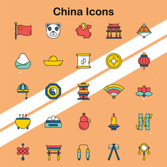 Set of China icons illustrating cultural landmarks and symbols perfect for travel and tourism themes.