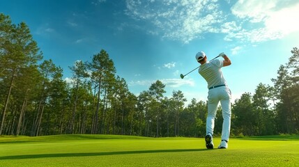Obraz premium Action shot from behind the golfer, capturing the powerful swing, the ball cutting through the sky toward the flag on the horizon