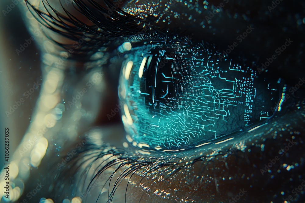Aufkleber a close-up of a human eye with circuitry reflected in the iris
