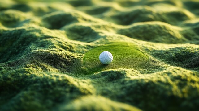 Close-up of a golf ball in flight, overlaying the vibrant fairway, with the pin far in the distance. Layered composition for depth perception